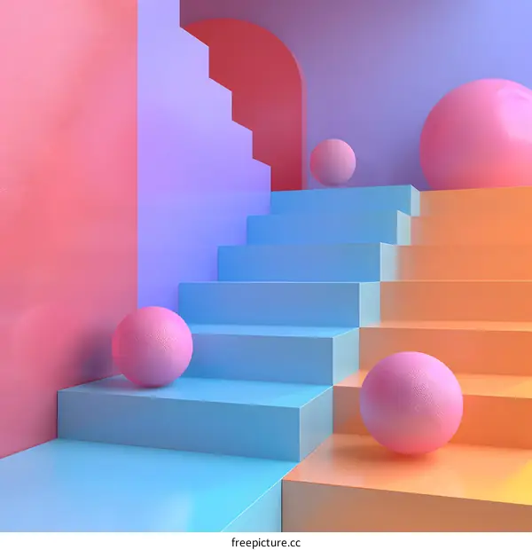 3d rendering geometric shapes composition with pink pastel balls on blue and orange podiums
