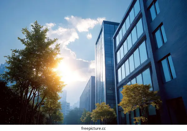 Modern Office Buildings with Lush Green Trees