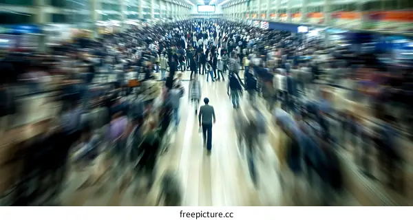 Blurred Motion of a Crowd of People Walking in a Busy City