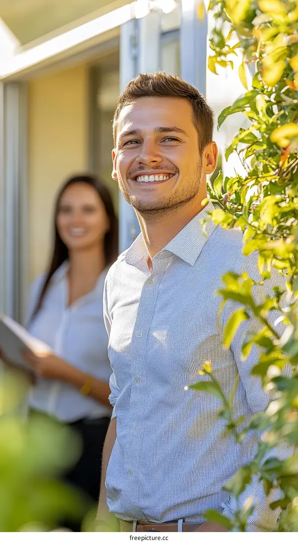 Smiling Caucasian Man Outdoors Showing Property