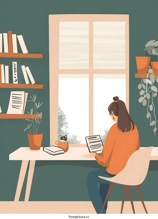 Woman Reading Book In Cozy Home Office