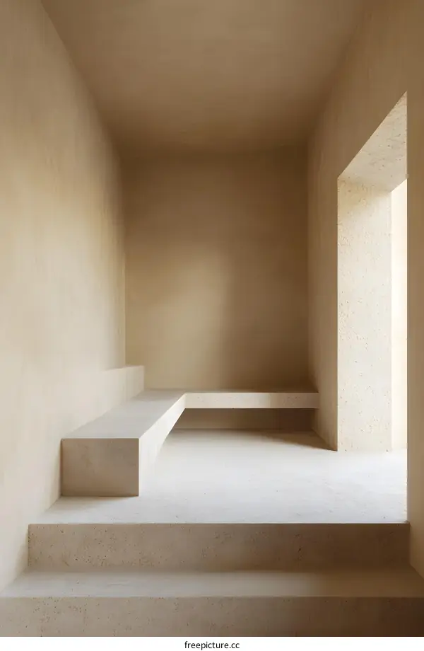 Minimalist Interior Design With Beige Walls And Stone Bench