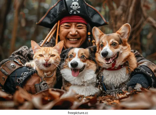 A man with a cat and a dog dressed as pirates