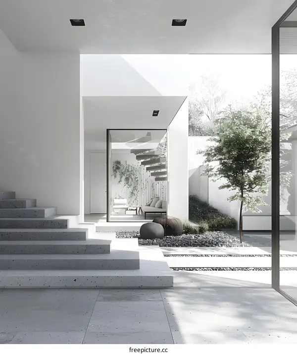 Modern Minimalist House Interior Design with Staircase and Courtyard
