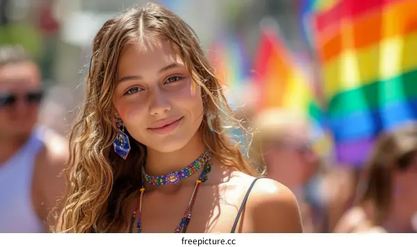Portrait of a young woman with rainbow flags in the background