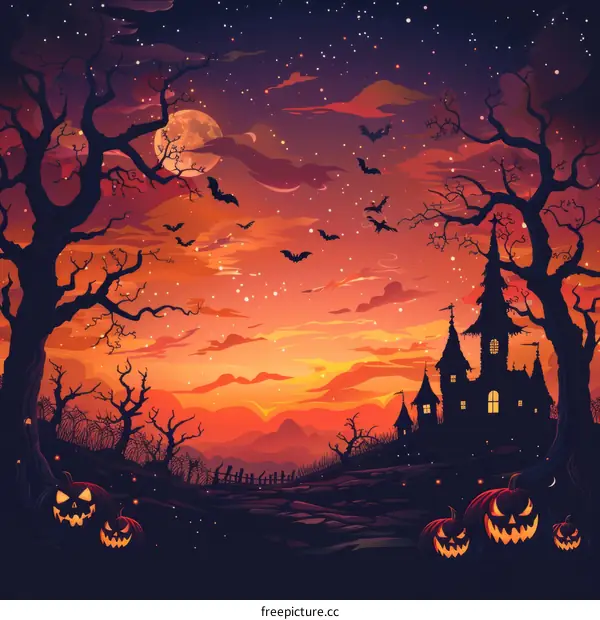 Spooky Halloween Night With Haunted House And Pumpkins