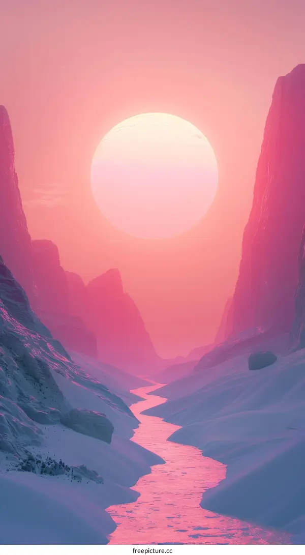 Pink alien landscape with a river running through it