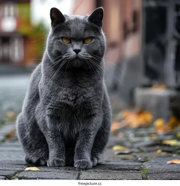 A gray cat is sitting on the ground