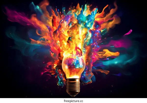 Light bulb with colorful explosion of powder
