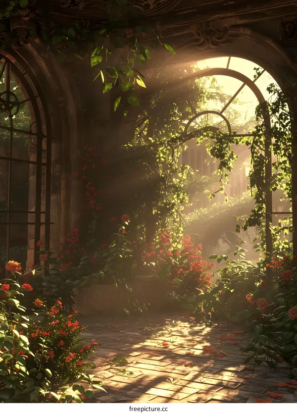 Sunbeams Through Abandoned Greenhouse With Red Flowers