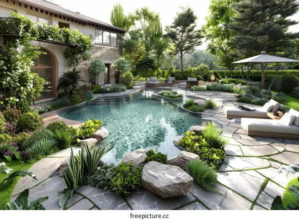 Stunning swimming pool with sun loungers and umbrellas amidst lush greenery