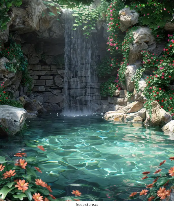 Waterfall in a Rocky Grotto with Flowers
