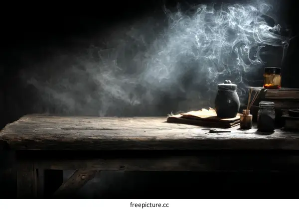 Vintage Dark Wooden Table Setting with Smoky Background