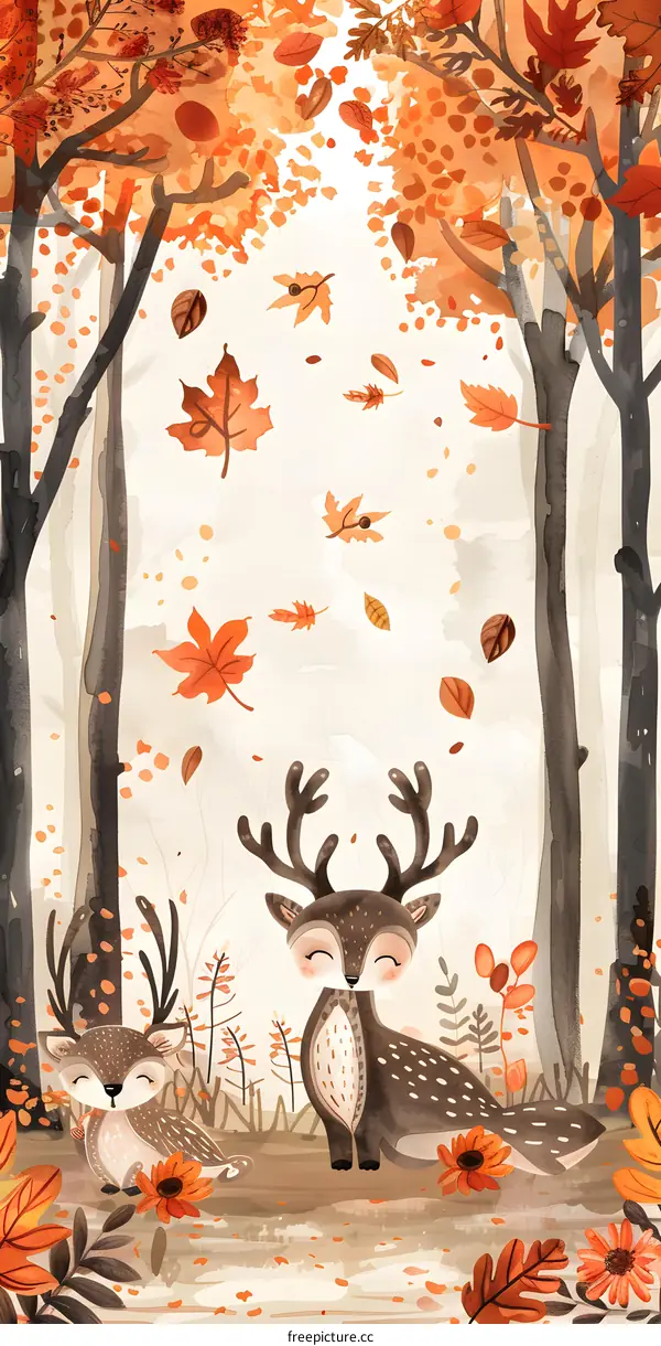 Cute Watercolor Deer in Autumn Forest Illustration