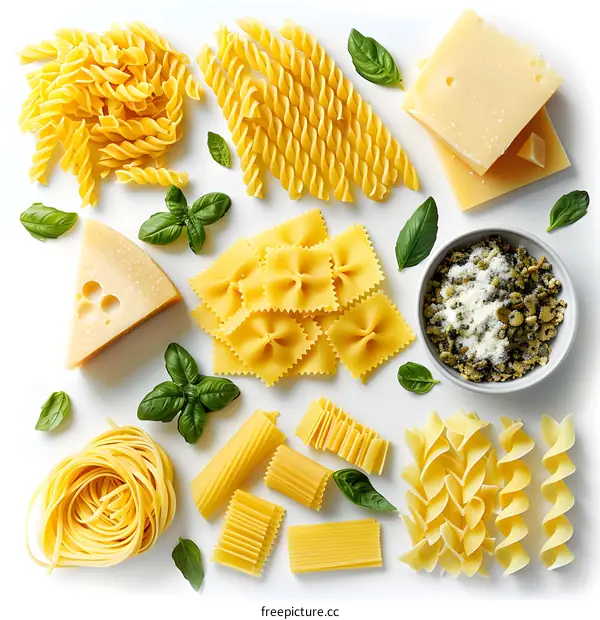 Various Italian Pasta Types on White Background