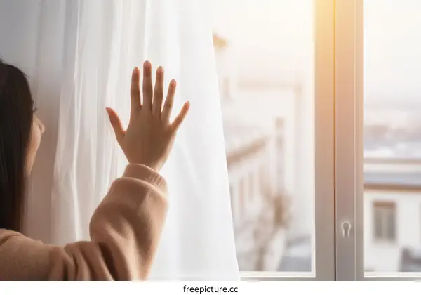 woman opening curtains to let sunlight in