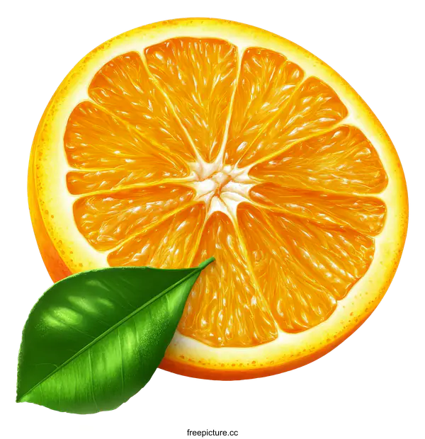 [Transparent Background PNG]Close-up Image of a Vibrant Orange Slice with a Green Leaf