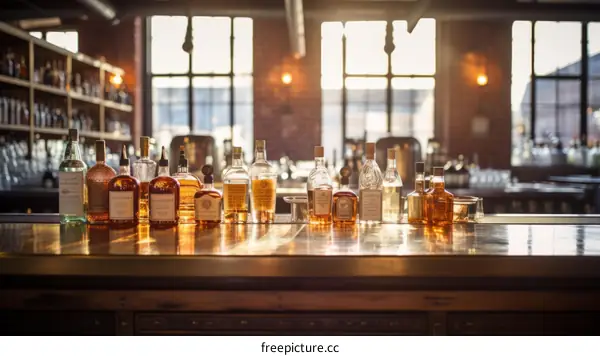Whiskey and Spirits Bottles on a Bar Counter