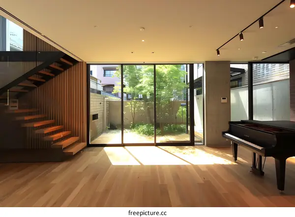Modern Interior Design With Piano and Garden View