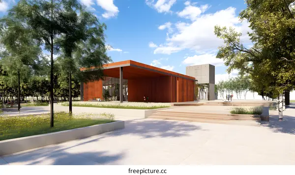 Modern Building with a Wooden Roof in a Park Setting