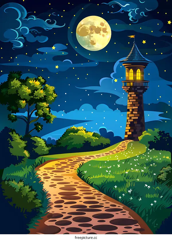 Night Sky With Stone Tower And Path Illustration