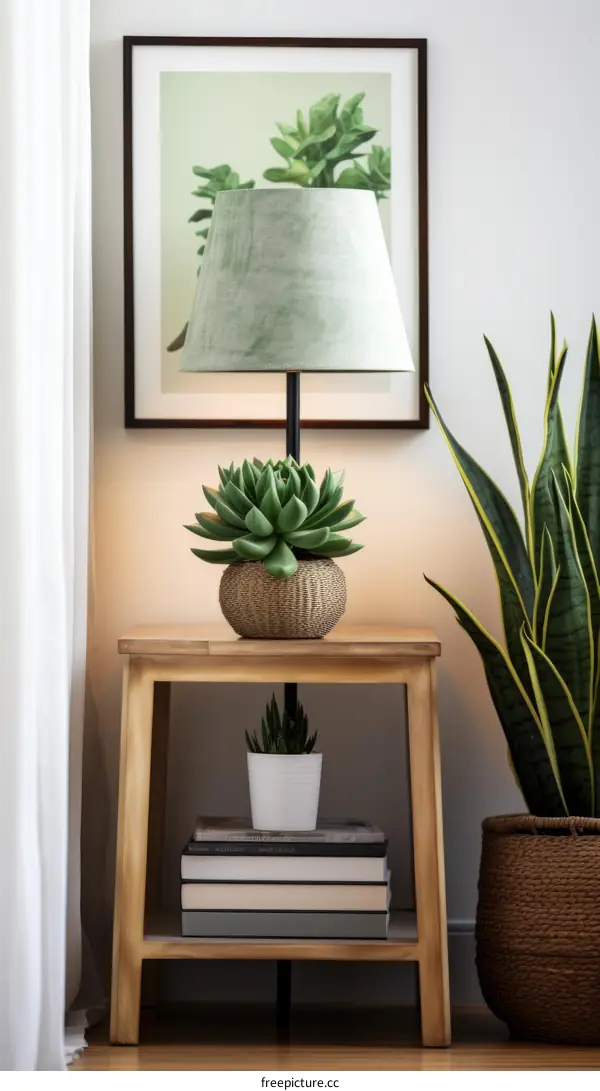 Elegant Green Living Room Decor with Plants and Books