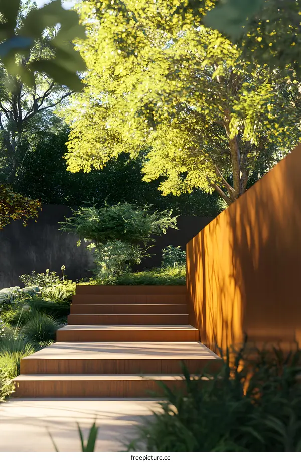 Modern Garden Design with Stone Steps and Rusty Wall