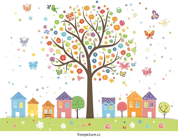 Colorful Tree with Houses and Butterflies