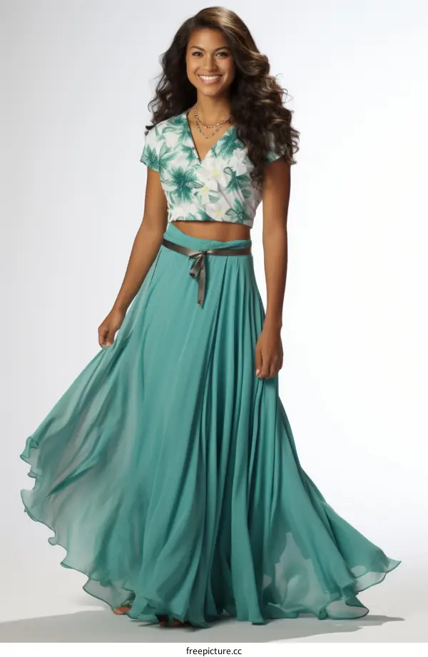 A woman wearing a hawaiian style outfit