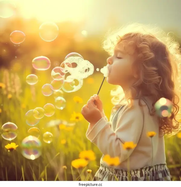 Little girl blowing bubbles in a field of flowers