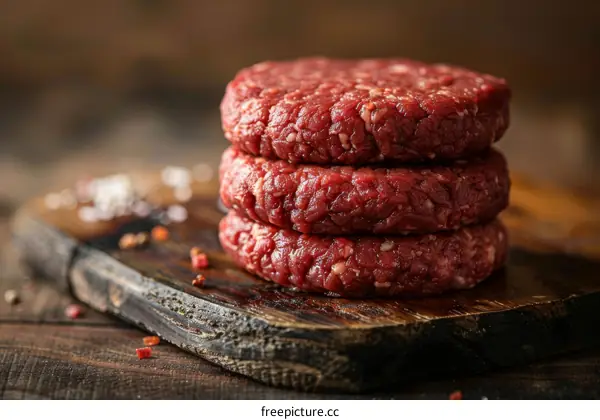 Three raw beef patties on a wooden cutting board