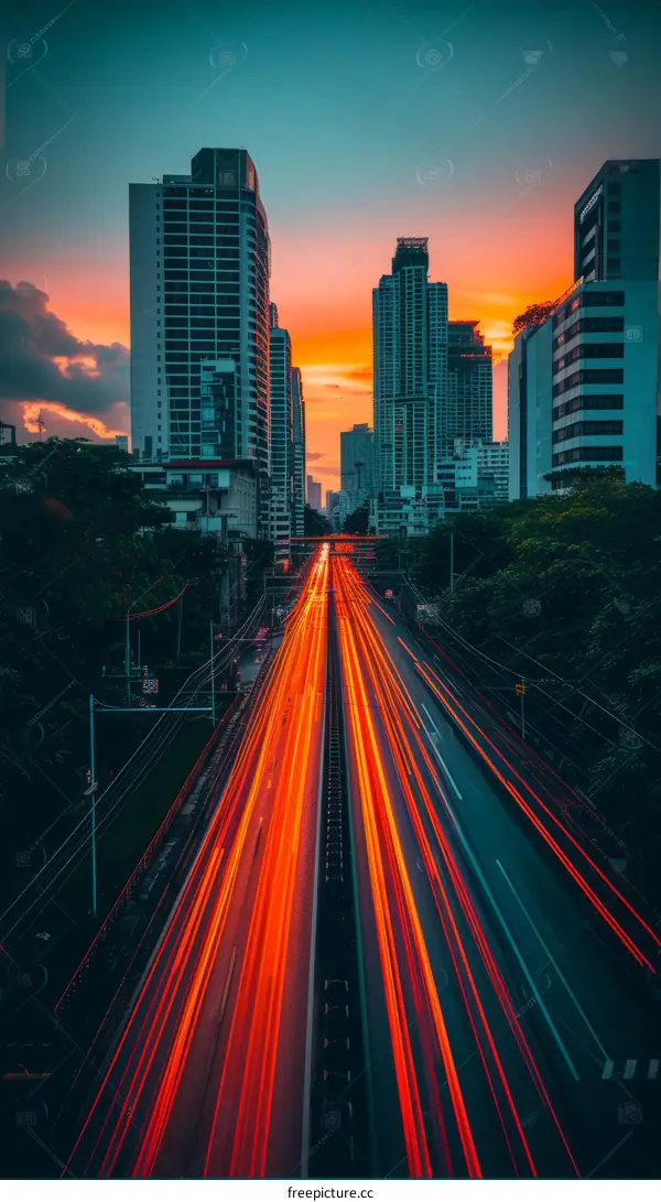 Nighttime traffic light trails in an urban city street with skyscrapers in the background