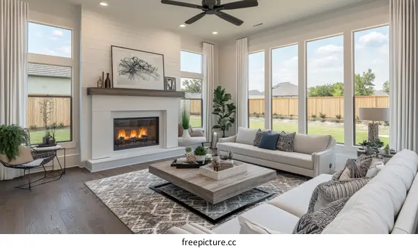Modern Farmhouse Living Room with Fireplace and Large Windows