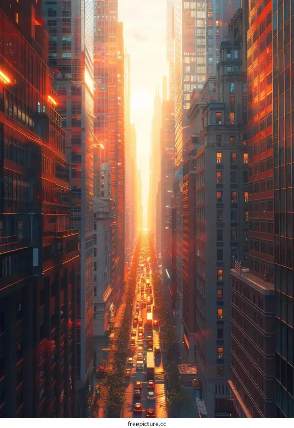 Urban Sunset Cityscape with Traffic