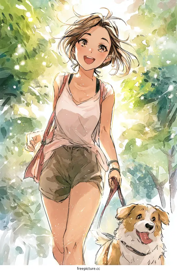 A Girl Walking Her Dog in a Sunny Park