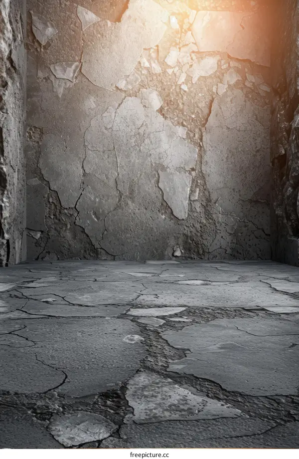 Grunge cracked concrete room interior with shining light from the corner