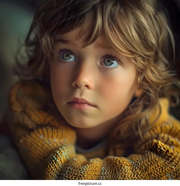 Portrait of a beautiful child with green eyes and curly blond hair