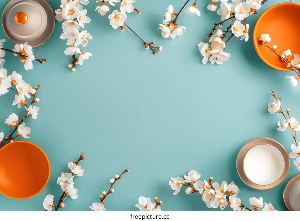 White Blossoms and Plates on Teal Background