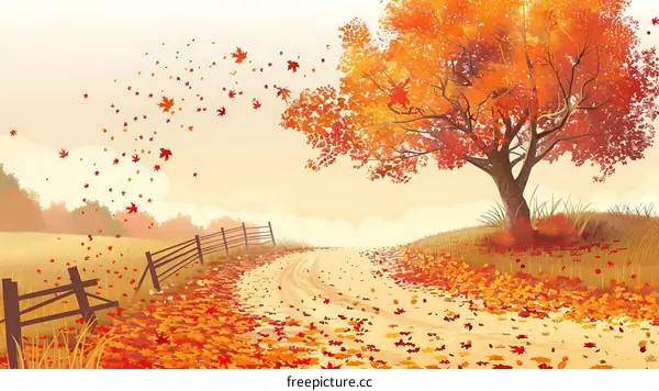 Autumn Landscape With Red Leaves And A Tree