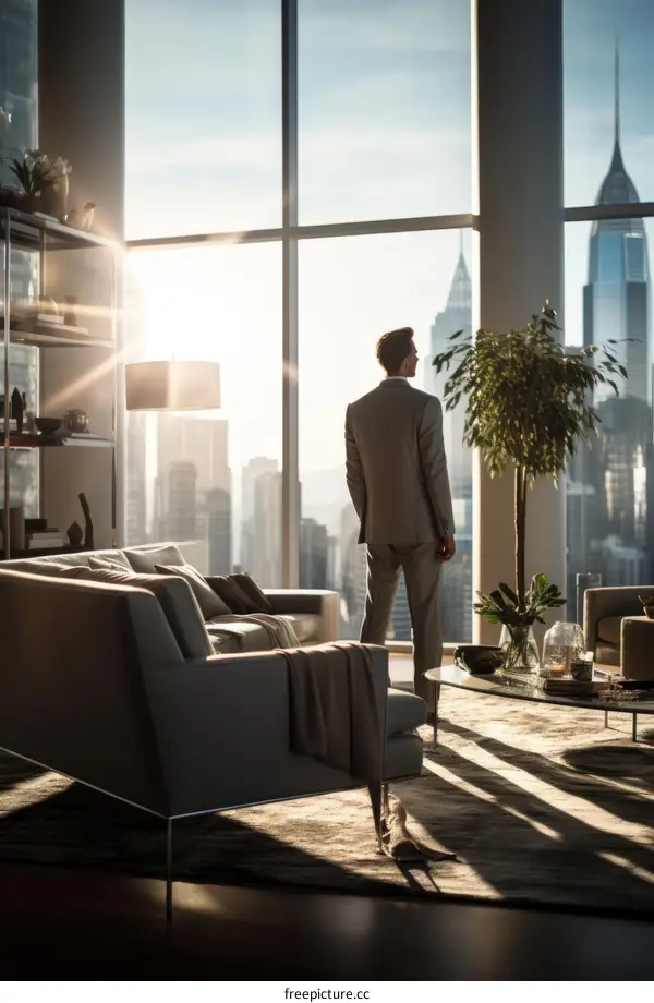 Businessman overlooking city skyline from office window