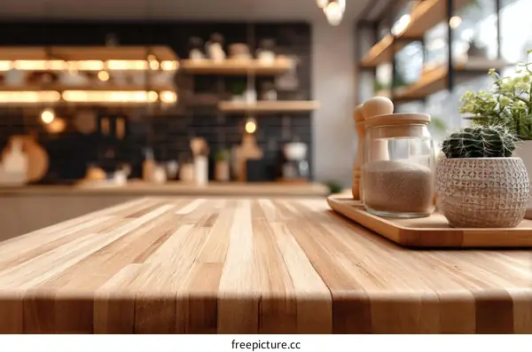 Wooden Kitchen Countertop with Blurred Background