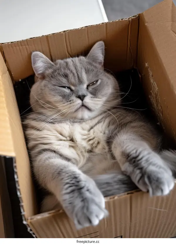 A Sleeping Gray Cat in a Cardboard Box