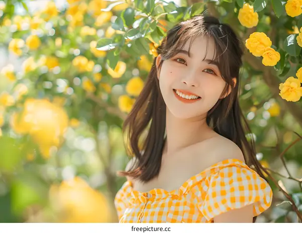 Smiling Woman in Yellow Gingham Dress with Yellow Flowers