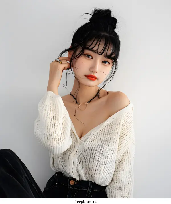 Portrait of a Young Woman with Black Hair and a White Cardigan