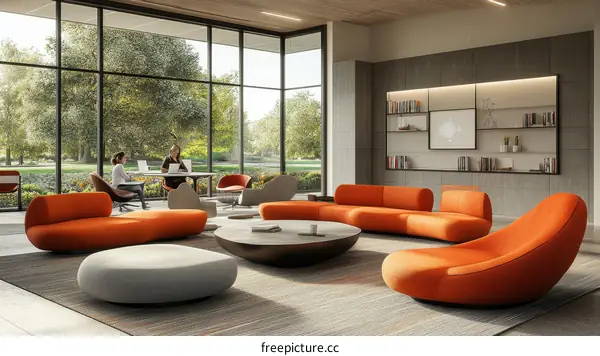 Modern Open Space Lounge Area with Orange Furniture