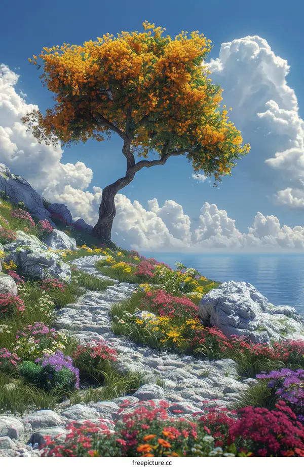 Stunning Cliff with Vibrant Flowers and Foliage