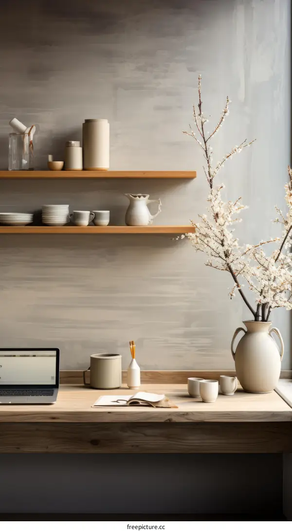 Airy and bright home office with natural elements