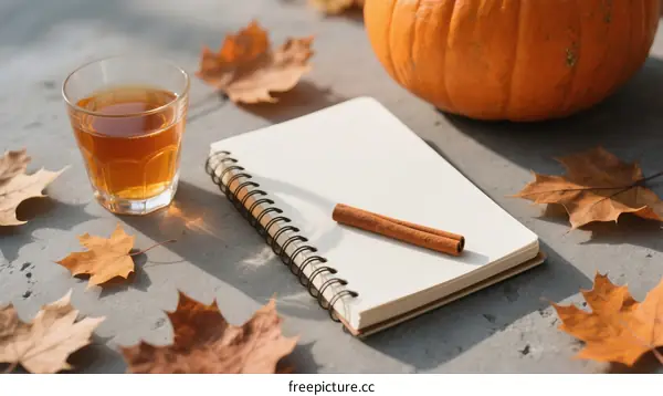 Autumn Scene with Pumpkin, Cinnamon Stick and Hot Drink