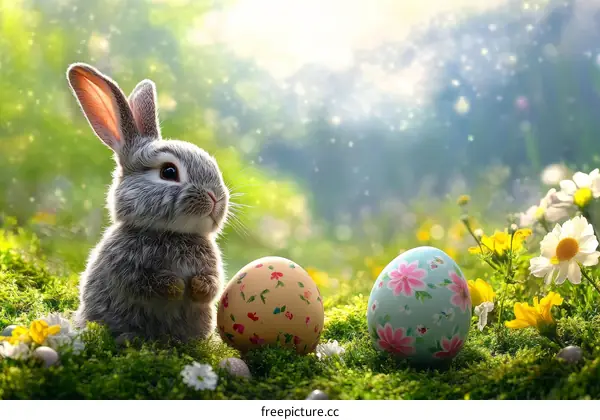 Cute Easter Bunny with Colorful Eggs