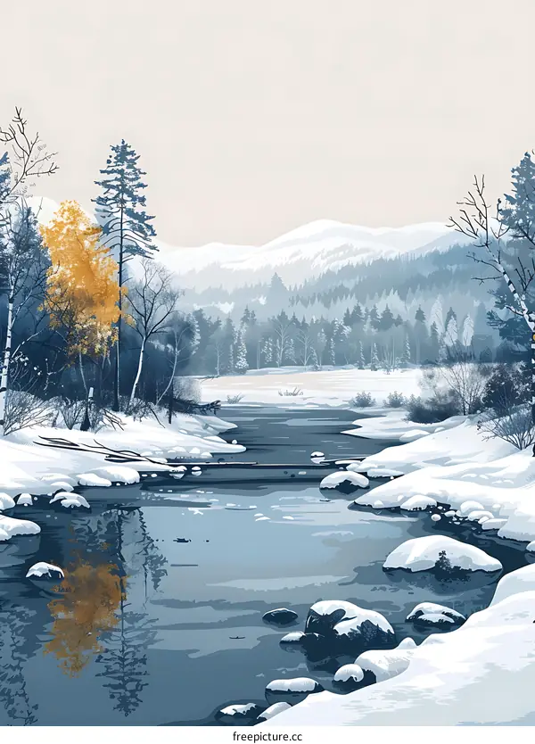Winter Landscape with a River in the Forest